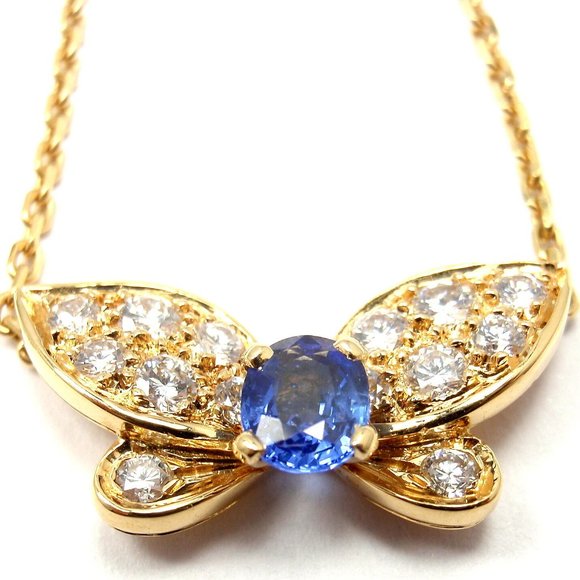 Authentic! VAN CLEEF ARPELS 18k Yellow Gold Diamond Sapphire Butterfly Necklace - Picture 1 of 12